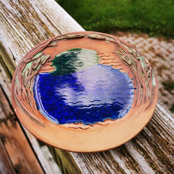 Red Clay Art Pottery Plate with Water Scene and Cat Tails / Bulrush - Picture 6 of 16